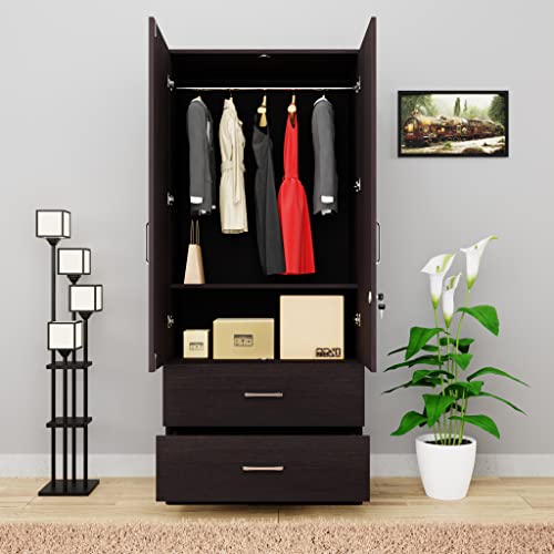 Image of VIKI Wardrobe | Wooden Almirah for Clothes,Door for Bedroom, 2 Door Wardrobe with Drawer, Mirror & Hanging Space (Dark Wenge - 40D x 80W x 180H) | 1 Year Warranty | Free Assembly