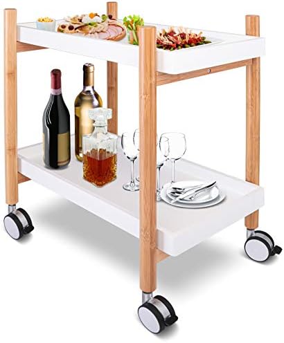 SereneLife Rolling Home Bar Serving Cart - 2-Tier Mobile Kitchen Serving Trolley Carter Rolling Bar with Removable Trays and 4 Wheels - Coffee, Tea, Wine, Whiskey Holder Serving Cart SLSRVCRT400