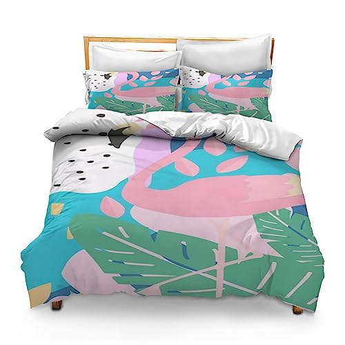 Horienteeon - Juego de edredón de flamencos de 3 piezas, juego de edredón de flamencos tamaño Queen, 3 piezas (1 edredón de microfibra y 2 fundas de almohada), para niños, niñas, niños, adultos, cama,