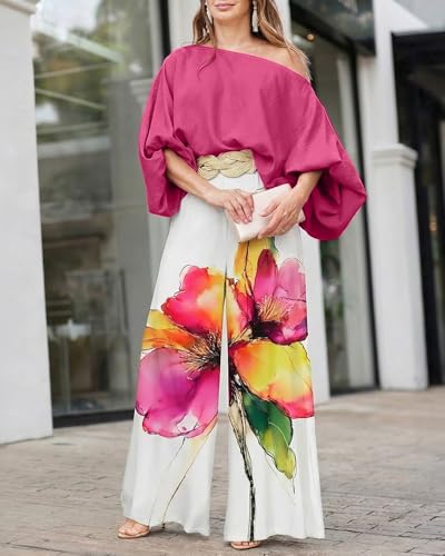 Image of CHICME Women Summer 2 Piece Outfits Off Shoulder Top Flowy Wide Leg Pants Set Vacation Travel Airport Outfits