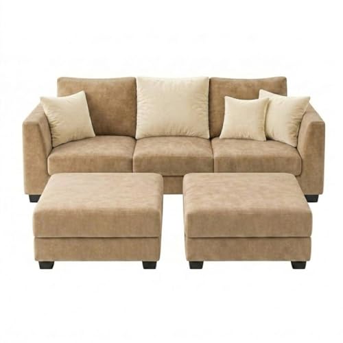 Image of SOCOZI Trevano 5 Seater L Shape Sofa Set with 2 Movable Ottomans | Flexible Layout| Soft Velvet Suede Fabric|Modern Sofa | Plush Comfort Cushions for Living Room (Beige-Cream)