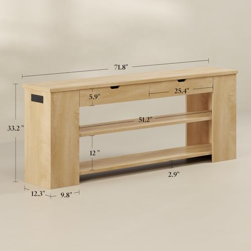 Image of 71.8 Inch Extra Long Console Table with Drawers, Farmhouse Long Console Table with Shelves & Built-in Outlets, Entryway Table with Storage for Living Room, Entryway, Natural