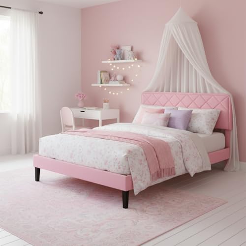 Image of APRODZ Full Size Bed | Upholstered Bed Frame with Channel Tufted Headboard | Bed Full Size Wooden Legs | Double Bed King Size Without Storage | Bedroom Furniture | Pink Fabric & Black Wooden Legs