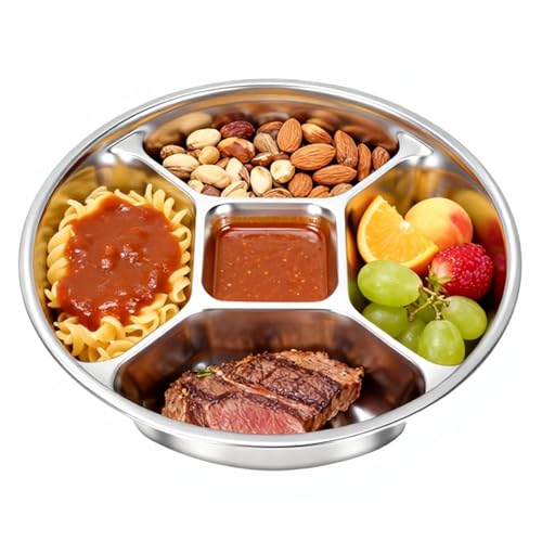 YEJZXY Stainless Steel Divided Dinner Plate 8.5'' Reusable Portion Control Plate - Metal Separated Plates Lunch Dinner Tray Set - Round Serving Platter, BPA-Free for Meal Prep, Work, Family (1)