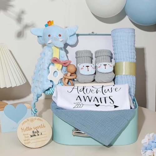 Image of Baby Gift Set Baby Shower Gifts Basket for Newborns New Born Baby Boy Gift Set Blue Baby Gift Basket with Baby Rattle Muslin Towel Security Blanket Gender Reveal Gifts for Baby Girls Boys