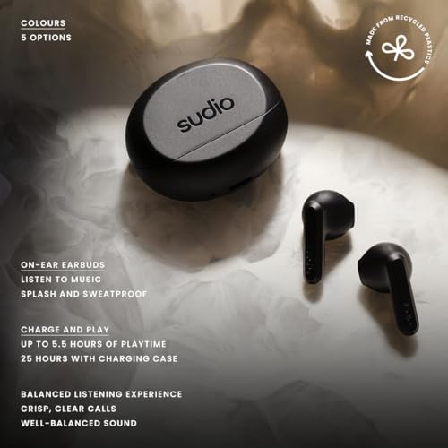 Image of Sudio A3 All-Day Wireless Earbuds - 25H Playtime, Bluetooth Earphones 5.4, Sweat & Splashproof, Balanced Sound, Clear Calls with Enhanced Mics, USB-C Charging, Made from Recycled Plastics (White)