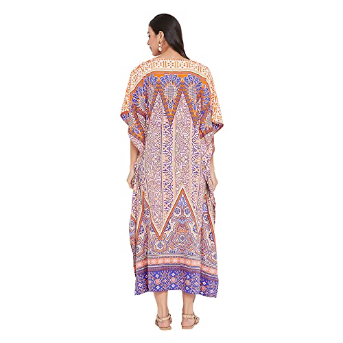 Image of Women Long Maxi Plus Size Polyester Kaftan Gown, Womens Kaftan Dresses | Lounge Resort Wear, Batwing Sleeve Side Slit, Beach Cover Up, House Dress, Lightweight V Neck Loose Fit Boho Dress