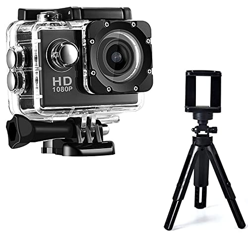 Exxelo Combo Pack of 2 Items - 1080p Sports Waterproof Action Camera, Portable Tabletop Foldable Tripod Stand (1 Year Warranty) (Ex)-picture-20