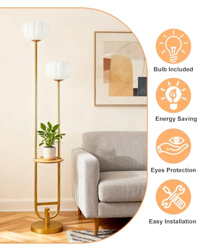 Image of Lightdot 63IN Gold Floor Lamp Dimmable Standing Lamps with Tray Pumpkin Bulbs Included Unique U-Pole Mid Century Modern Tall Lamp with 5Lbs Heavy Base for Living Room /Party /Sofa Beside /Corner Decor