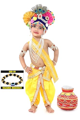 Image of Krishna Dress for Kids, Baby Krishna Dress for Janmashtami with Krishna Mukut, Peacock Feather & Flute Embroidered Krishna Costume for Girl & Boy, 3 Months-8 Years