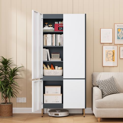Image of 71 inch Metal Storage Cabinet with Doors, Tall Pantry Cabinet,Gray | 4 Magnetic Doors, Adjustable Shelves, Freestanding Storage Cabinets for Kitchen, Living Room, Bathroom, Office,Dining
