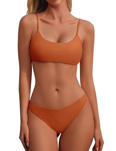 Vancavoo Costumi da Bagno Donna Due Pezzi Costume Mare Push up Sexy Set Bikini Brasiliana Perizoma Vita Alta Triangolo Spiaggia Swimwear，Arancione，S