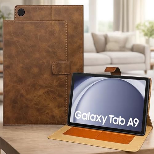 Luxury Flip Premium Flip Cover for Samsung Galaxy Tab A9 8.7 Inch, Leather, Magnetic Stand, Dual Protection, Soft TPU Back, Shockproof (Brown)