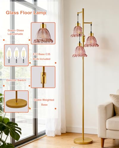 Image of Lightdot Glass Floor Lamps for Living Room, 3-Light Dimmable Floor Lamp with Rose Red Glass Shade& E12 Bulbs Included, Mid Century Standing Tall Lamp with 5Lbs Heavy Base for Bedroom /Sofa Beside-Gold