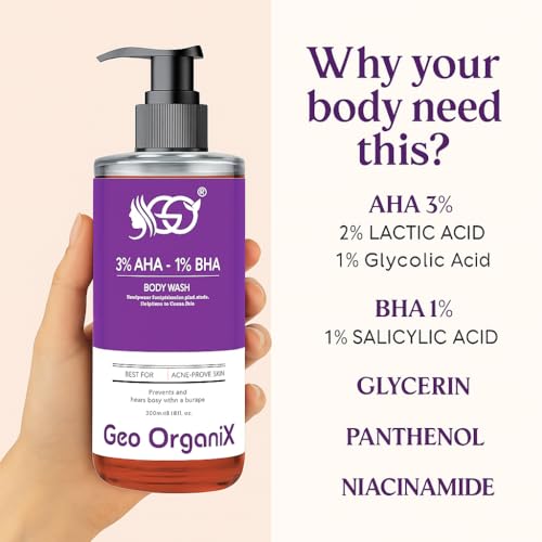 Image of AHA BHA Body Wash with 3% Lactic Acid, 1% Salicylic Acid & 1% Glycolic Acid | Exfoliating Body Cleanser for Dead Skin Removal, Acne & Body Bumps Care | Skin Brightening & Tan Removal | Paraben-Free, Non-Drying Formula | 300 ml, Pack of 2