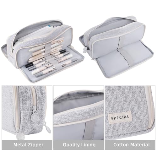 Image of iSuperb Large Pencil Pouch 3 Compartments Pencil Case Big Capacity Pencil Bag for Kids Teen Girls Boys Student School Supplies Pen Organizer Holder Bag (Light Grey)