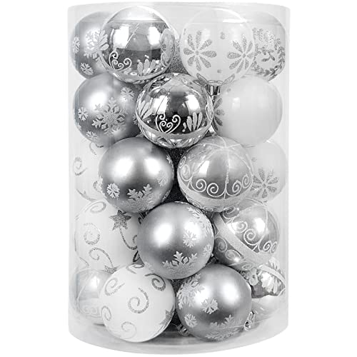 YILEEY Weihnachtskugeln Weihnachtsdeko Set Silber und Weiß 35 STK in 8 Farben, Kunststoff Weihnachtsbaumkugeln Box mit Aufhänger Christbaumkugeln Plastik Bruchsicher, Weihnachtsbaumschmuck, MEHRWEG Cover