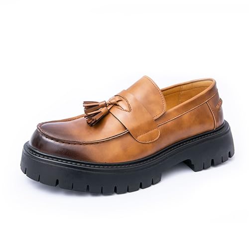 Men's Leather Tassel Platform Penny Loafers Comfort Wide Round Toe Non Slip Lug Sole Slip On Dress Shoes Business Office Casual Shoes