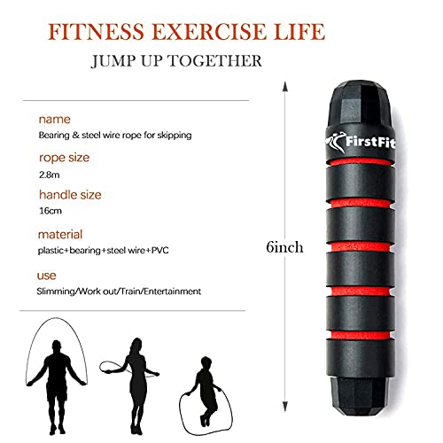 Image of FirstFit Polyvinyl Chloride Jump Rope Tangle-Free Rapid Speed Jumping Rope Cable with Ball Bearings for Women, Men, and Kids, Adjustable Steel Skipping Rope with Foam Handles, Black & Red