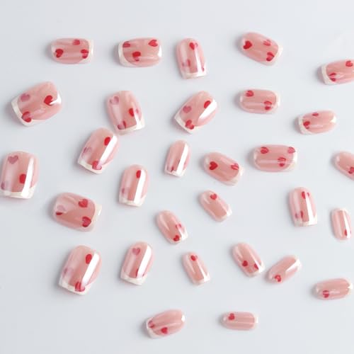 Image of White French Tip Press on Nails Heart Fake Nails Short Square False Nail Press ons Chrome with Design Reusable Glossy Full Cover Stick on Nail for Women Girls Manicure 24Pcs