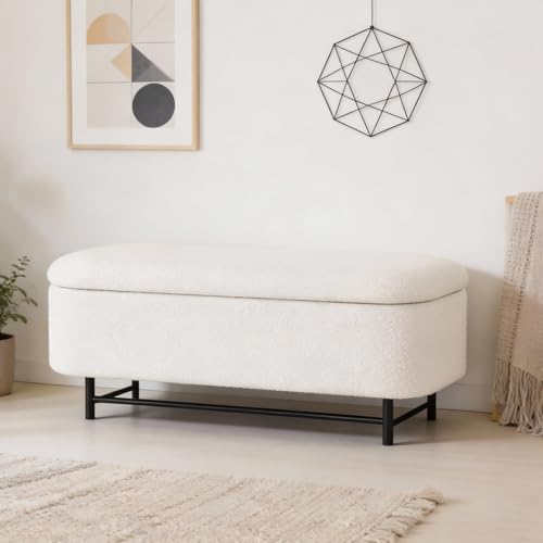 Image of HomePop 46 inch Ellipse Storage Bench with Metal Legs - Cream Boucle