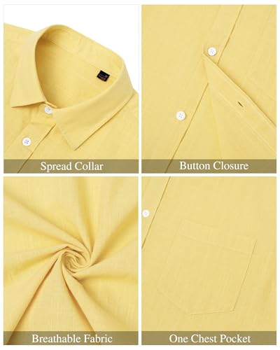J.VER Linen Shirts for Men Beach Vacation Button Down Short Sleeve Untucked Dress Shirt Cotton Big and Tall Wedding Tops Yellow XL