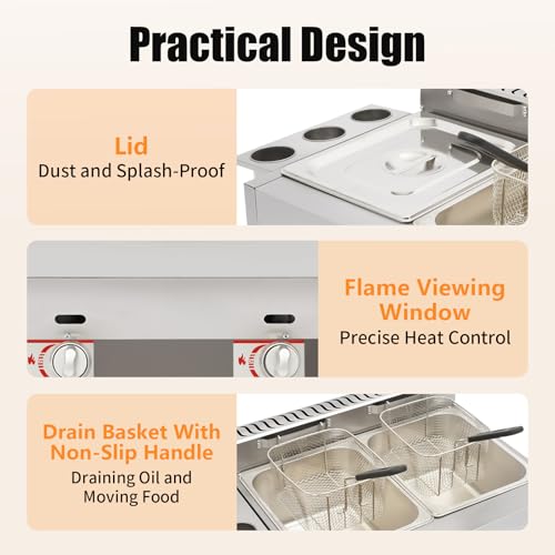 DunleyMin Commercial Gas Deep Fryer LPG Deep Fryers Professional Double Fryer Gas 2 x 6 L Stainless Steel Countertop Gas Fryer with 2 Filter Baskets, Independent Temperature Control - Image 4
