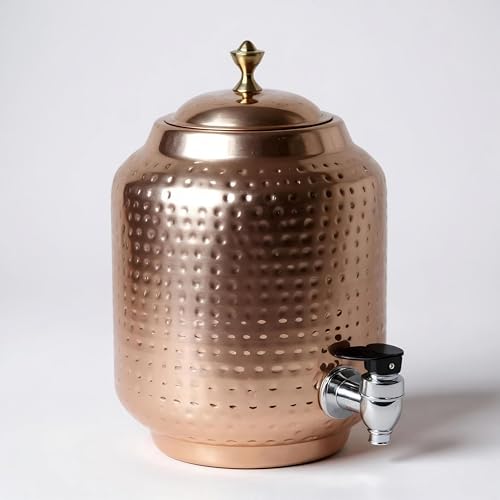 Image of 5 Litre Pure Copper Water Dispenser with Stand & 1 Copper Glass | Pure Copper Matka /Container Pot for Drinking Water Hammered | Ayurvedic Health Benefits (5000 ml)