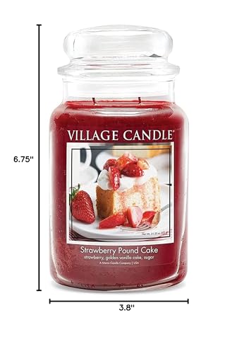 Village Candle Strawberry Pound Cake, Large Glass Apothecary Jar Scented Candle, 21.25 oz, Red