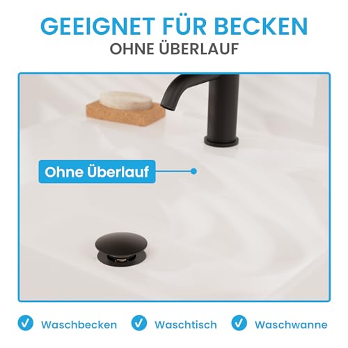 Bächlein Universal Ablaufgarnitur ohne Überlauf (Matt Schwarz) - Pop Up Ventil für Waschbecken und Waschtisch – Ablaufventil Abflussgarnitur aus Messing mit Einbauanleitung