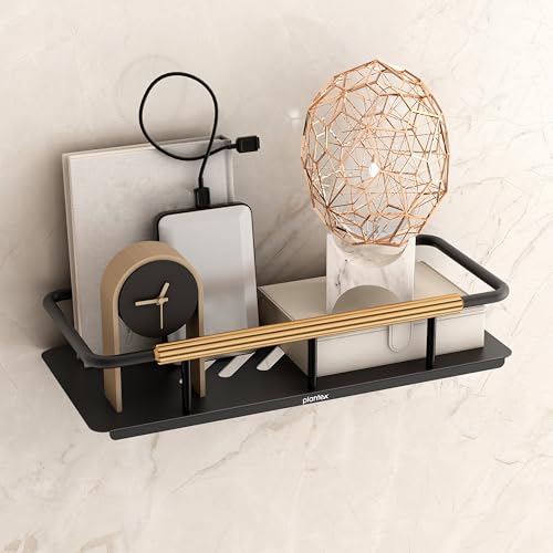 Image of Plantex Self Adhesive Bathroom Shelf /Stainless Steel Bathroom Shelf Rack /Wall Shelf for Bathroom /Bathroom Organiser Without Drill /Bathroom Accessories Set- Pack of 1 (12x5 inches, Gold & Black)