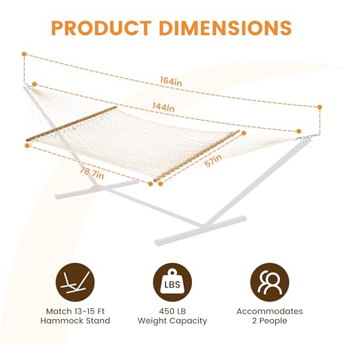 Lazy Daze Hammocks 12FT Double Rope Hammocks, 2 Person Hand Woven Cotton Hammock with Pillow and Spreader Bar for Outside, Patio, Poolside, FIT 13-15 Ft Stand, Max 450 Lbs, Natural, 141 x 57 inches by Lazy Daze Hammocks - Image 8