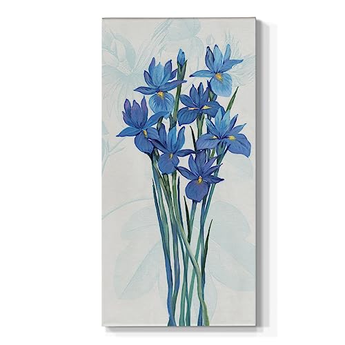Renditions Gallery Nature Floral Wall Art Home Decorations Blue Iris Flowers Bouquet Modern Abstract Hanging Paintings for Living Room Kitchen Office Decor - 12"X24" LT521