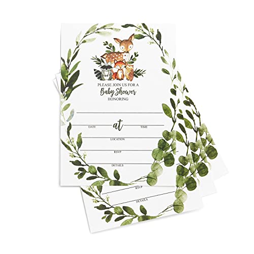 25 Wreath Woodlands Greenery Baby Shower Invitations (Large Size 5X7 Inches), Diaper Raffle Tickets, Baby Shower Book Request Cards With Envelopes Woodland Creature Invites Neutral Baby Showers Fox #TOP4