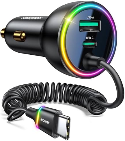 Rocoren 70W Car Charger for iPhone 17 Pro Max, USB C Car Charger Fast Charging with 5.2Ft Type C Coiled Cable, Super Fast USBC Phone Cigarette Lighter Adapter for iPhone 17/16/15, iPad,Samsung,Android