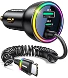 Rocoren 70W Car Charger for iPhone 17 Pro Max, USB C Car Charger Fast Charging with 5.2Ft Type C Coiled Cable, Super Fast USBC Phone Cigarette Lighter Adapter for iPhone 17/16/15, iPad,Samsung,Android
