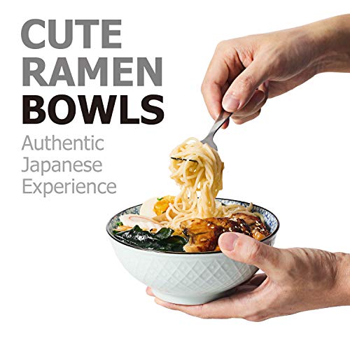 Y YHY Ceramic Bowls, Japanese Rice Bowl, Cereal Bowls for Kitchen, 16oz Blue Bowl Set of 4, Assorted Designs, Microwave and Dishwasher Safe