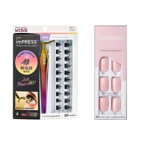 Kiss Impress Press-On Falsies Eyelash Clusters & Impress Color Press-On Manicure Combination Pack, No Glue Needed, 20 Press-On Spiky Lash Clusters & 30 Short Length Solid Pink Fake Nails #TOP26