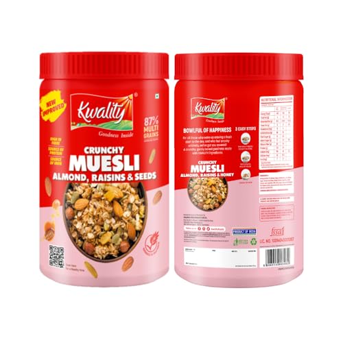 Image of Kwality Muesli Crunchy Almond, Raisins and Honey, Goodness of Multigrain, High in Fibre Source of Vitamin,Iron and Protein 1Kg x2 [Pack 2]