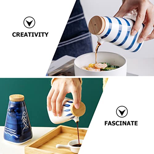 Hemoton Japanese Ceramic Oil Dispenser Bottle 220ML 3Pcs Earthenware Ponzu Vinegar Dispenser with Wood Stopper Pottery Condiment Pourer Pot Shoyu Soy Sauce Cruet