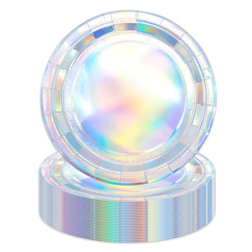DHAIQC 50 Pcs Iridescent Silver Paper Plates 7-Inch, Disposable Silver Holographic Plates Cake Dessert Plate for Picnic, Happy Birthday, Wedding, Party Supplies