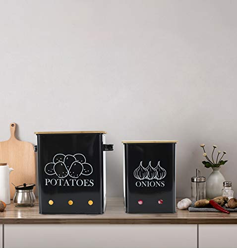 Image of Kitchen Vegetable Storage Tins Set of 2, Onion and Potato Storage Bins with Wooden Lid and Aerating Holes, Garlic Bin Caddy, Vintage Kitchen Decor, Black