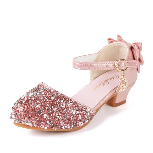 ChuLian Girls Sandals Little Kids Glitter Bow Dress Shoes Crystal Low Heel Sequins Princess Sandals Toddler Flower Wedding Party Shoes