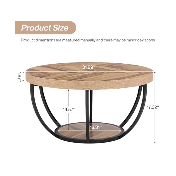 Tribesigns Table basse ronde de cocktail industrielle moderne à 2 niveaux avec étagères, table d'appoint de canapé circulaire avec pieds en métal pour le salon, la maison, grain de bois