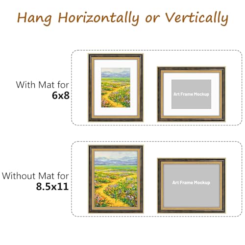 Image of Golden State Art,8.5x11 Ornate Picture Frame Holds 6x8 Photo,Black Gold | Includes plexiglass front,white mat,easel stand,build-in hangers /buttons.Display 6x8 photo.Great for home decor or as a gift