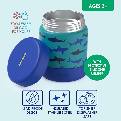 Image of Bentgo Kids Stainless Steel Leak-Proof Food Jar for Hot or Cold Food | 11 fl oz Double Insulated Container with Removable Silicone Bumper, Dishwasher Safe, Easy Open Lid, Ages 3+ (Sharks)