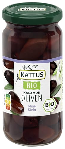Kattus - Bio schwarze Kalamon Oliven entsteint | Griechische Oliven in Lake für Antipasti oder Tapas | Aus biologischem Anbau | 125 g im Glas