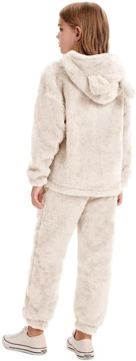 Flygo Girls Fuzzy Pants Set Crop Hoodie Bear Ear Two Piece Outfits Fluffy Sweatshirt and Fleece Pants Sweatsuit - Image 4