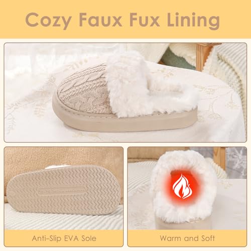 Women's Fuzzy Knit House Slippers with Faux Fur Lining, Warm Comfy Non-Slip Indoor Outdoor Bedroom Shoes for Fall Winter3