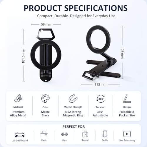 Image of Magnetic Foldable Mobile Phone Holder Stand for Car Dashboard, Gym, Desk & Travel | 360 Rotation | Strong N62 Magnet | Compact Pocket Size | Universal for iPhone & Android